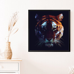 Obraz w ramie Wielokąt - kolorowa głowa tygrysa na ciemnym tle