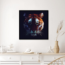 Plakat w ramie Wielokąt - kolorowa głowa tygrysa na ciemnym tle