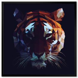 Plakat w ramie Wielokąt - kolorowa głowa tygrysa na ciemnym tle