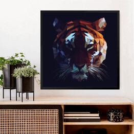 Obraz w ramie Wielokąt - kolorowa głowa tygrysa na ciemnym tle