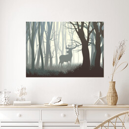 Plakat samoprzylepny Dzikie zwierzęta w lesie - ilustracja w odcieniach szarości