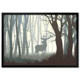 Plakat w ramie Dzikie zwierzęta w lesie - ilustracja w odcieniach szarości