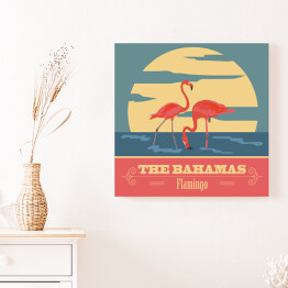 Obraz na płótnie Bahamy i flamingi - ilustracja w stylu retro