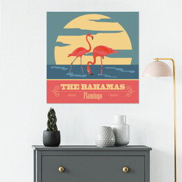 Plakat samoprzylepny Bahamy i flamingi - ilustracja w stylu retro