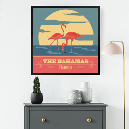 Obraz w ramie Bahamy i flamingi - ilustracja w stylu retro