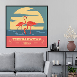 Plakat w ramie Bahamy i flamingi - ilustracja w stylu retro