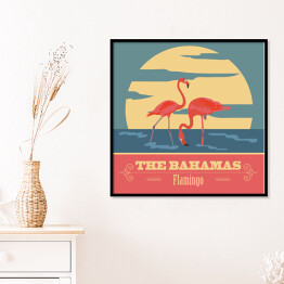 Plakat w ramie Bahamy i flamingi - ilustracja w stylu retro