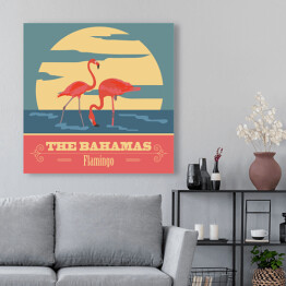 Obraz na płótnie Bahamy i flamingi - ilustracja w stylu retro
