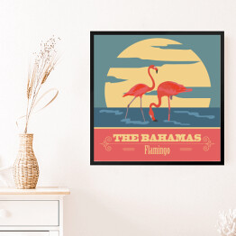 Obraz w ramie Bahamy i flamingi - ilustracja w stylu retro