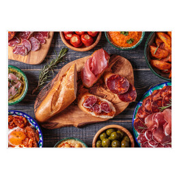 Plakat samoprzylepny Typowe hiszpańskie jedzenie, widok z góry