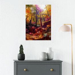 Plakat Jesień w lesie rozświetlona złotymi promieniami słońca