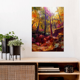 Plakat samoprzylepny Jesień w lesie rozświetlona złotymi promieniami słońca