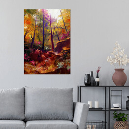 Plakat Jesień w lesie rozświetlona złotymi promieniami słońca