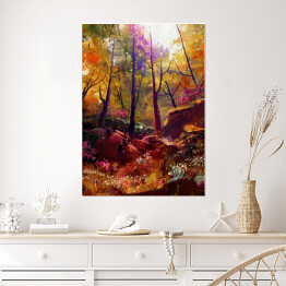 Plakat samoprzylepny Jesień w lesie rozświetlona złotymi promieniami słońca