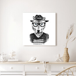 Obraz na płótnie Wilk - hipster w okularach i kapeluszu