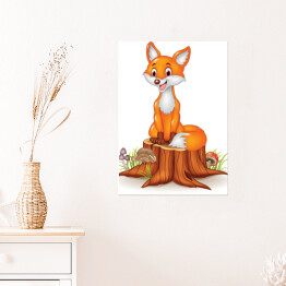 Plakat Wesoły lis siedzący na pniu drzewa - ilustracja