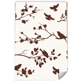 Tapeta winylowa zmywalna w rolce Wiosenne ciemne gałązki i ptaki na białym tle