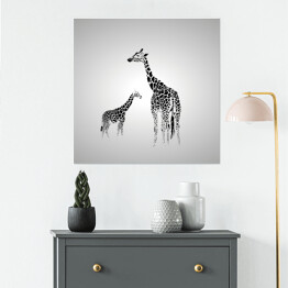 Plakat samoprzylepny Żyrafa duża i mała w odcieniach szarości