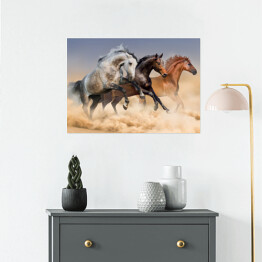 Plakat Stado koni biegnących w tumanach kurzu