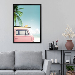 Obraz w ramie Vintage samochód zaparkowany na tropikalnej plaży (morze) z deską surfingową na dachu