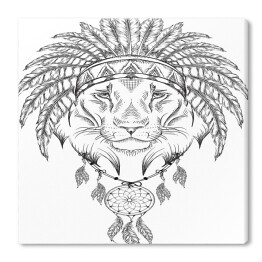 Lew w pióropuszu - czarno biała ilustracja