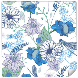 Tapeta winylowa zmywalna w rolce Kwiaty ogrodowe w stylu vintage w kolorze niebieskim