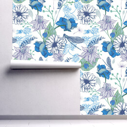 Tapeta w rolce Kwiaty ogrodowe w stylu vintage w kolorze niebieskim