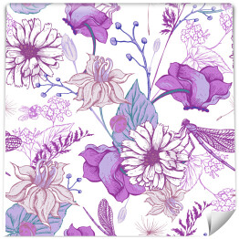 Tapeta w rolce Kwiaty ogrodowe w stylu vintage w kolorze fioletowym
