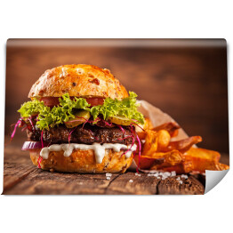 Fototapeta Świeży domowy hamburger na drewnie
