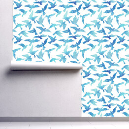 Tapeta w rolce Błękitno białe lecące ptaki na białym tle