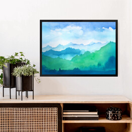 Obraz w ramie Góry w odcieniach błękitu i zieleni malowane akwarelą