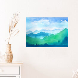 Plakat samoprzylepny Góry w odcieniach błękitu i zieleni malowane akwarelą