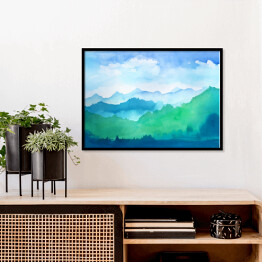 Plakat w ramie Góry w odcieniach błękitu i zieleni malowane akwarelą