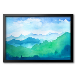 Obraz w ramie Góry w odcieniach błękitu i zieleni malowane akwarelą