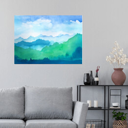 Plakat Góry w odcieniach błękitu i zieleni malowane akwarelą