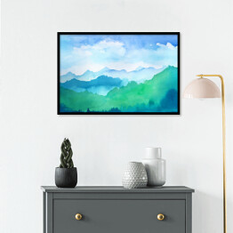 Plakat w ramie Góry w odcieniach błękitu i zieleni malowane akwarelą