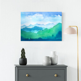 Góry w odcieniach błękitu i zieleni malowane akwarelą