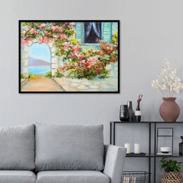 Plakat w ramie Obraz olejny - dom blisko morza otoczony barwnymi kwiatami