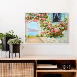 Obraz na płótnie Obraz olejny - dom blisko morza otoczony barwnymi kwiatami
