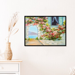 Plakat w ramie Obraz olejny - dom blisko morza otoczony barwnymi kwiatami