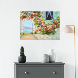 Plakat samoprzylepny Obraz olejny - dom blisko morza otoczony barwnymi kwiatami