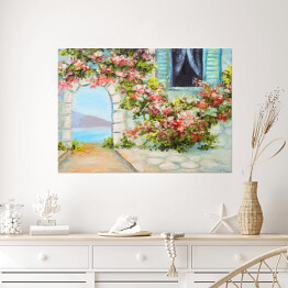 Plakat Obraz olejny - dom blisko morza otoczony barwnymi kwiatami