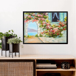 Obraz w ramie Obraz olejny - dom blisko morza otoczony barwnymi kwiatami