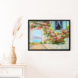 Obraz w ramie Obraz olejny - dom blisko morza otoczony barwnymi kwiatami