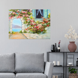 Plakat Obraz olejny - dom blisko morza otoczony barwnymi kwiatami