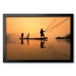 Obraz w ramie Łowienie ryb w rzece Mekong o poranku, Tajlandia
