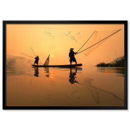 Plakat w ramie Łowienie ryb w rzece Mekong o poranku, Tajlandia