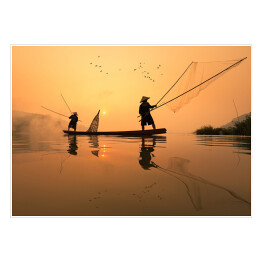 Plakat samoprzylepny Łowienie ryb w rzece Mekong o poranku, Tajlandia
