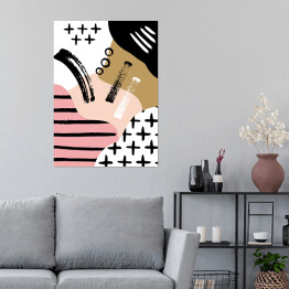 Skandynawska kompozycja abstrakcyjna w kolorze czarnym, białym i pastelowym różowym