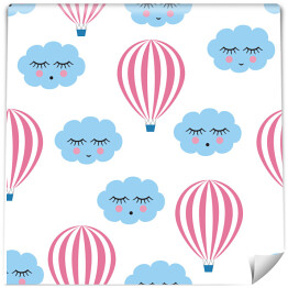 Tapeta winylowa zmywalna w rolce Śpiące błękitne chmurki pośród biało czerwonych lecących balonów